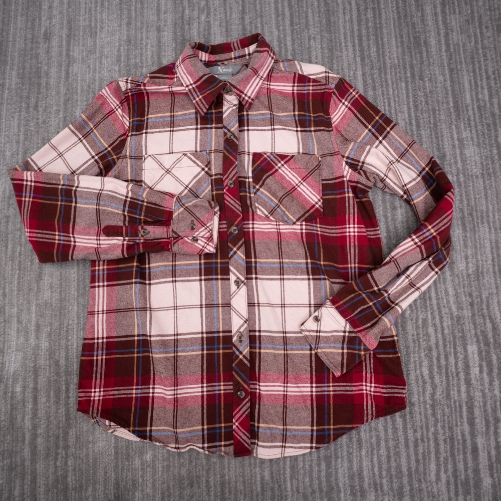 Natural Reflections Flannel Shirt Womens Small Burgundy Plaid Excellent Cotton